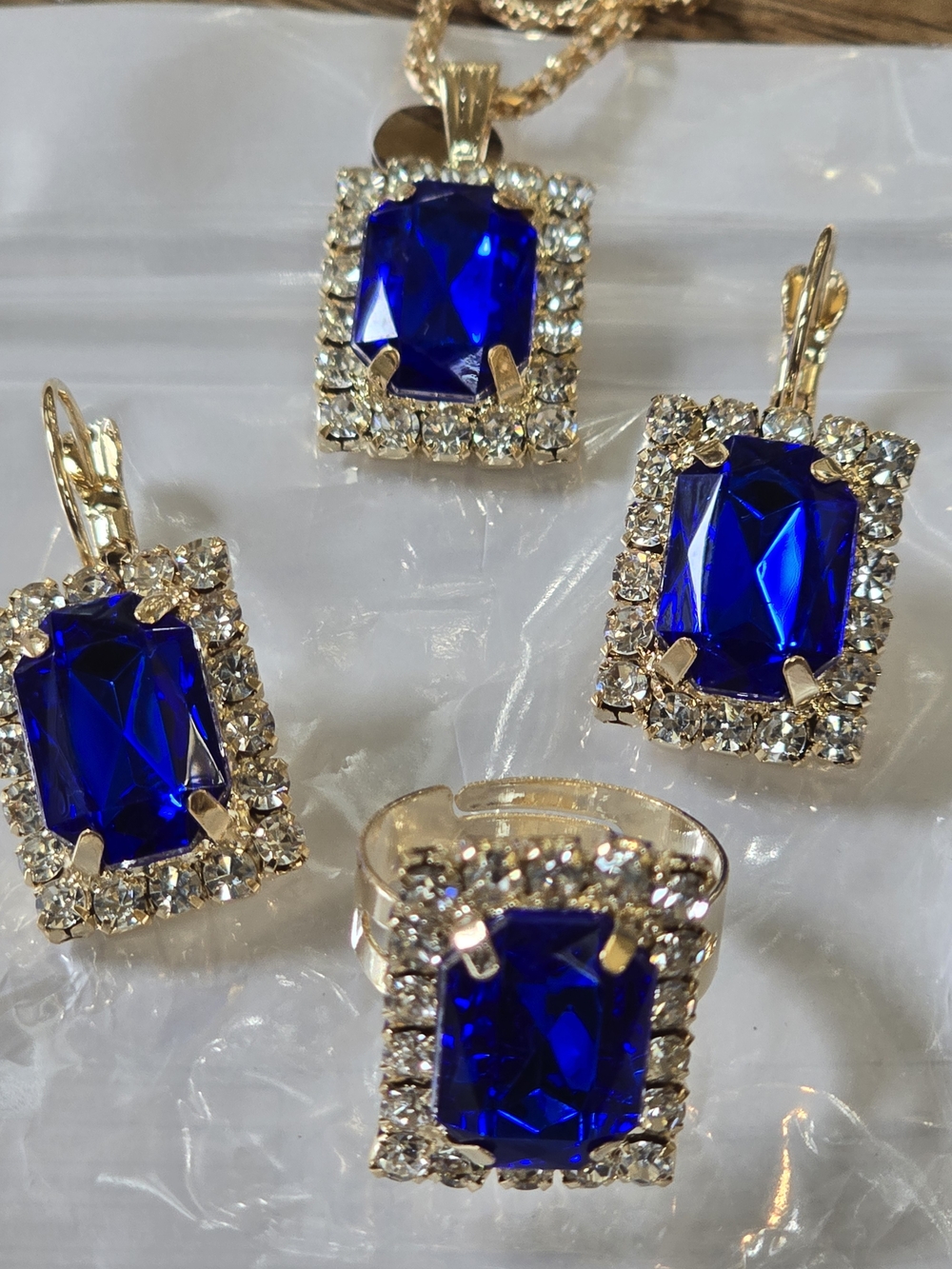 Gold-Tone Earrings with Deep Blue Rectangle Crystal and Clear Accents